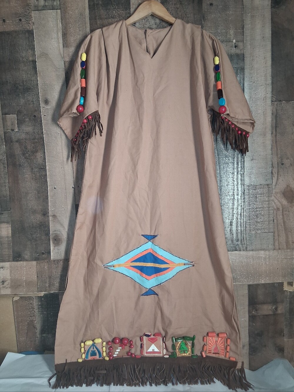 Vintage 1960s 70s Camp Fire Girls Gown Dress Leather Fringe Beads